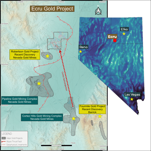 Map of Ecru Gold Project and nearby Nevada gold mines.