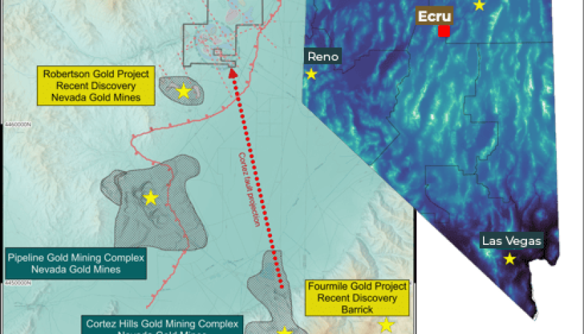 Map of Ecru Gold Project and nearby Nevada gold mines.