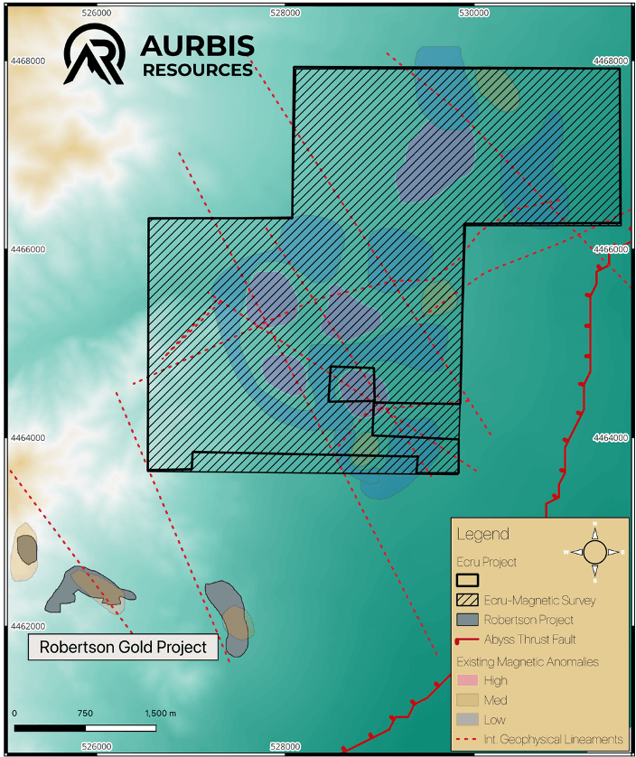 Map showing magnetic survey areas and anomalies in Nevada's Cortez Gold Camp.