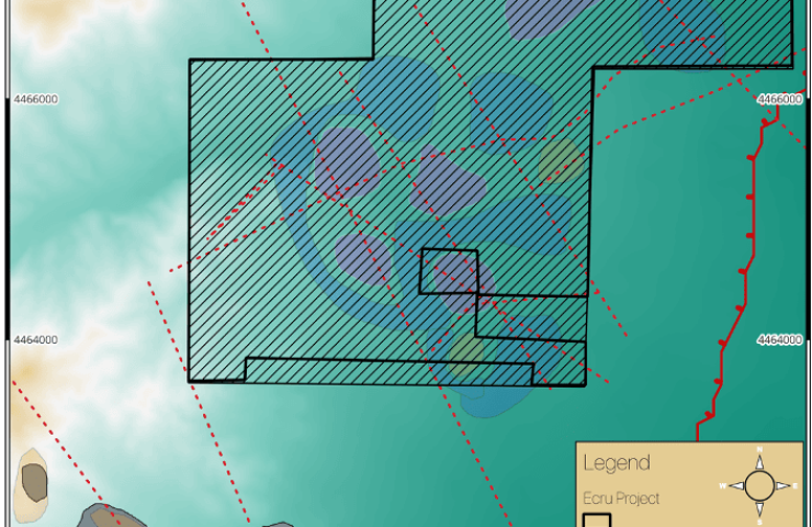 Map showing magnetic survey areas and anomalies in Nevada's Cortez Gold Camp.