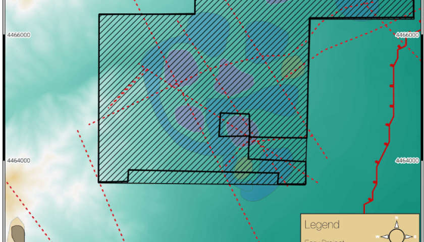 Map showing magnetic survey areas and anomalies in Nevada's Cortez Gold Camp.