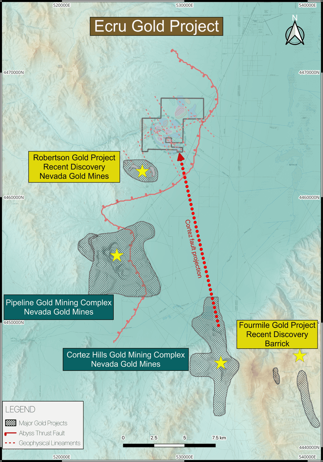 Map of Ecru Gold Project with key mining sites in Nevada.