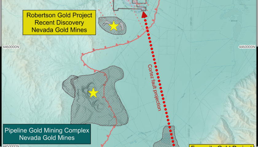 Map of Ecru Gold Project with key mining sites in Nevada.