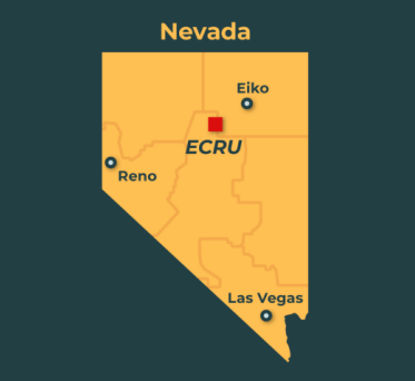 Map highlighting Ecru in Nevada with nearby cities Reno, Las Vegas, Eiko.