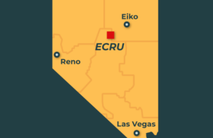 Map highlighting Ecru in Nevada with nearby cities Reno, Las Vegas, Eiko.
