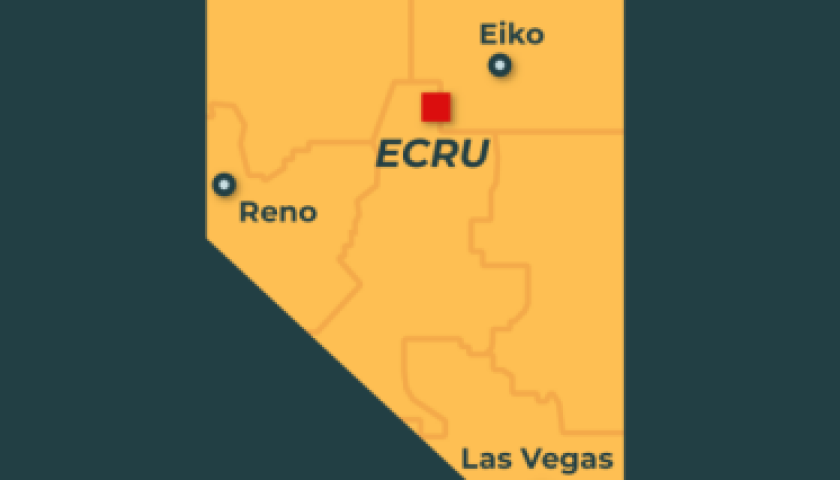 Map highlighting Ecru in Nevada with nearby cities Reno, Las Vegas, Eiko.
