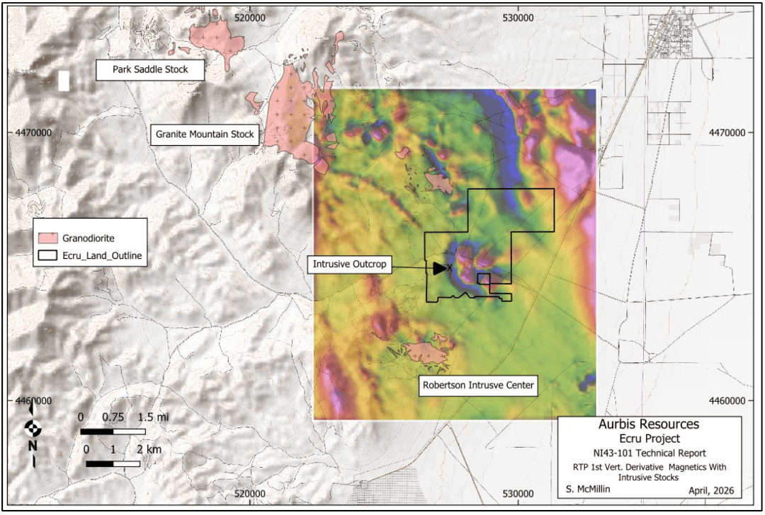 Map of Ecru Project showing intrusive outcrop and mineral stocks in Nevada.