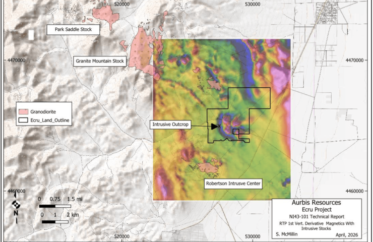 Map of Ecru Project showing intrusive outcrop and mineral stocks in Nevada.