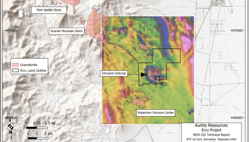 Map of Ecru Project showing intrusive outcrop and mineral stocks in Nevada.