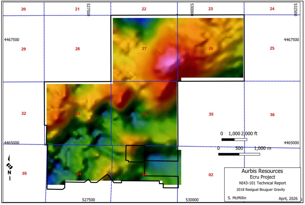 Color-coded geological map of Ecru Project with mineral zones and grid references.