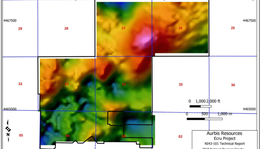 Color-coded geological map of Ecru Project with mineral zones and grid references.
